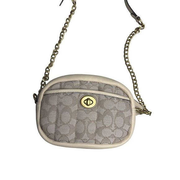 Coach Signature Chain Leather Jacquard Quilt Print Crossbody Bag Stone Ivory - Picture 2 of 10